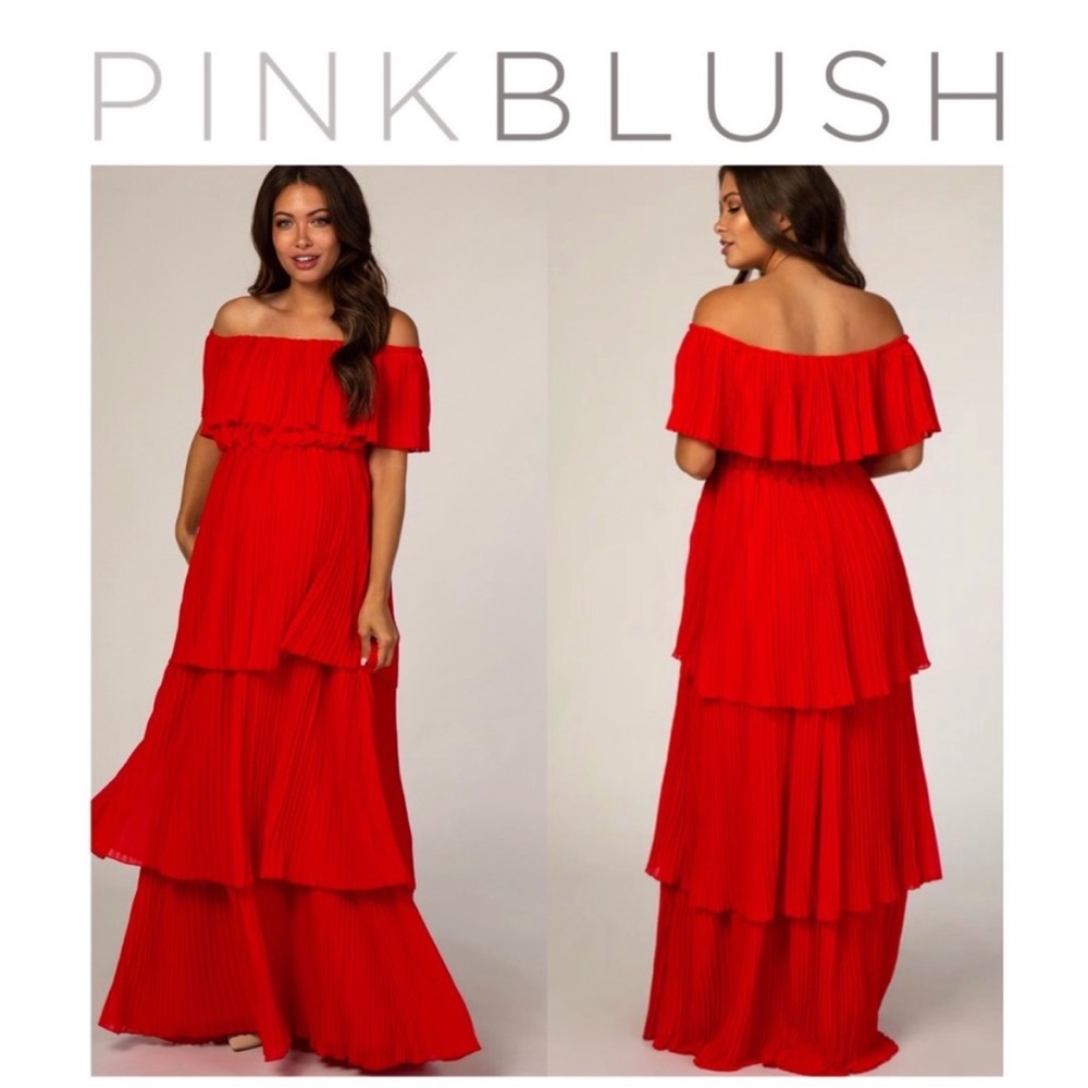 Red Pleated Ruffle Tiered Maxi Dress